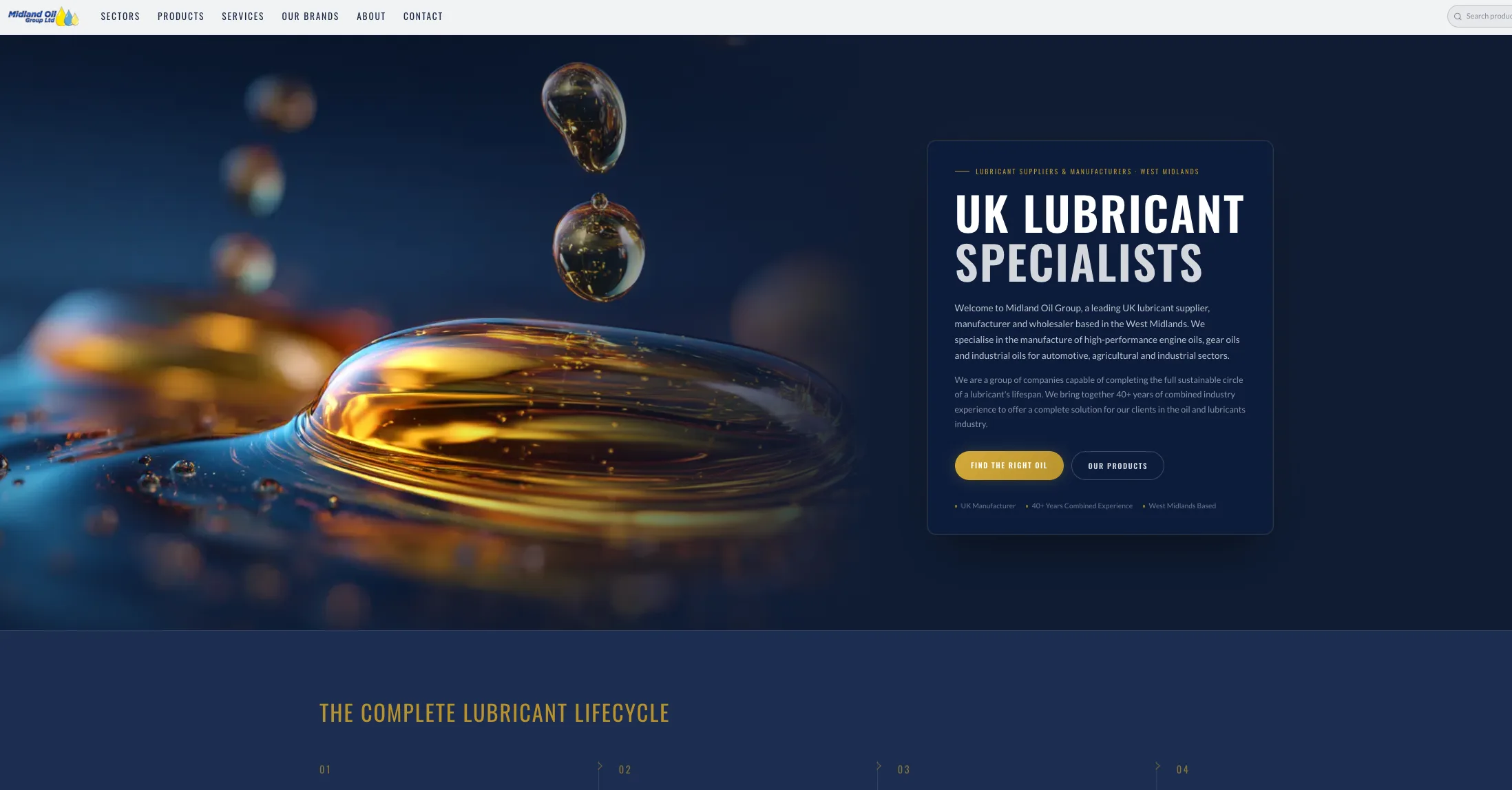 Midland Oil Group homepage — custom-built platform featuring sector-first navigation and AI-powered oil finder for UK lubricant specialists