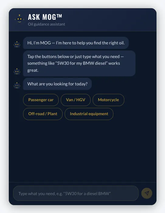 Ask MOG AI oil finder chat interface with vehicle type selection buttons