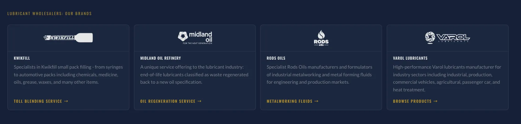Four sub-brands — Kwikfill, Midland Oil Refinery, Rods Oils, Varol — with logos and service links