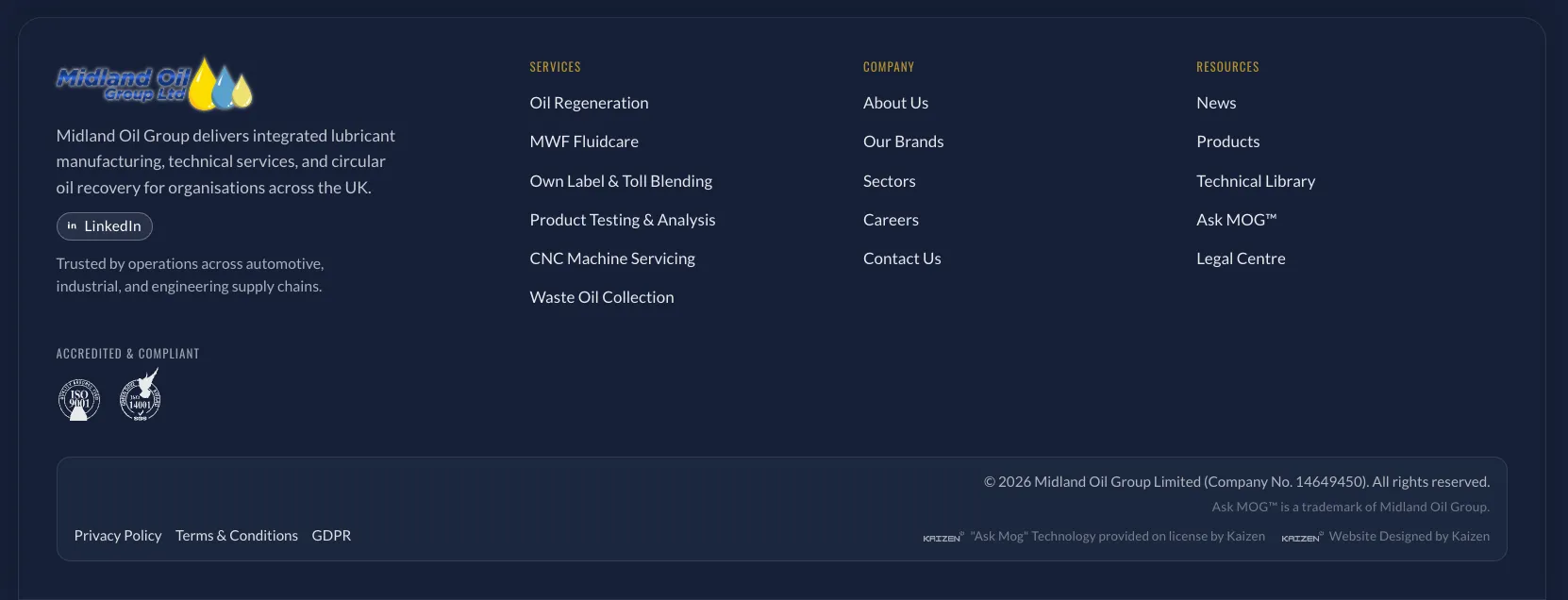 Footer showing ISO 9001 and ISO 14001 certification badges, company number, and LinkedIn link