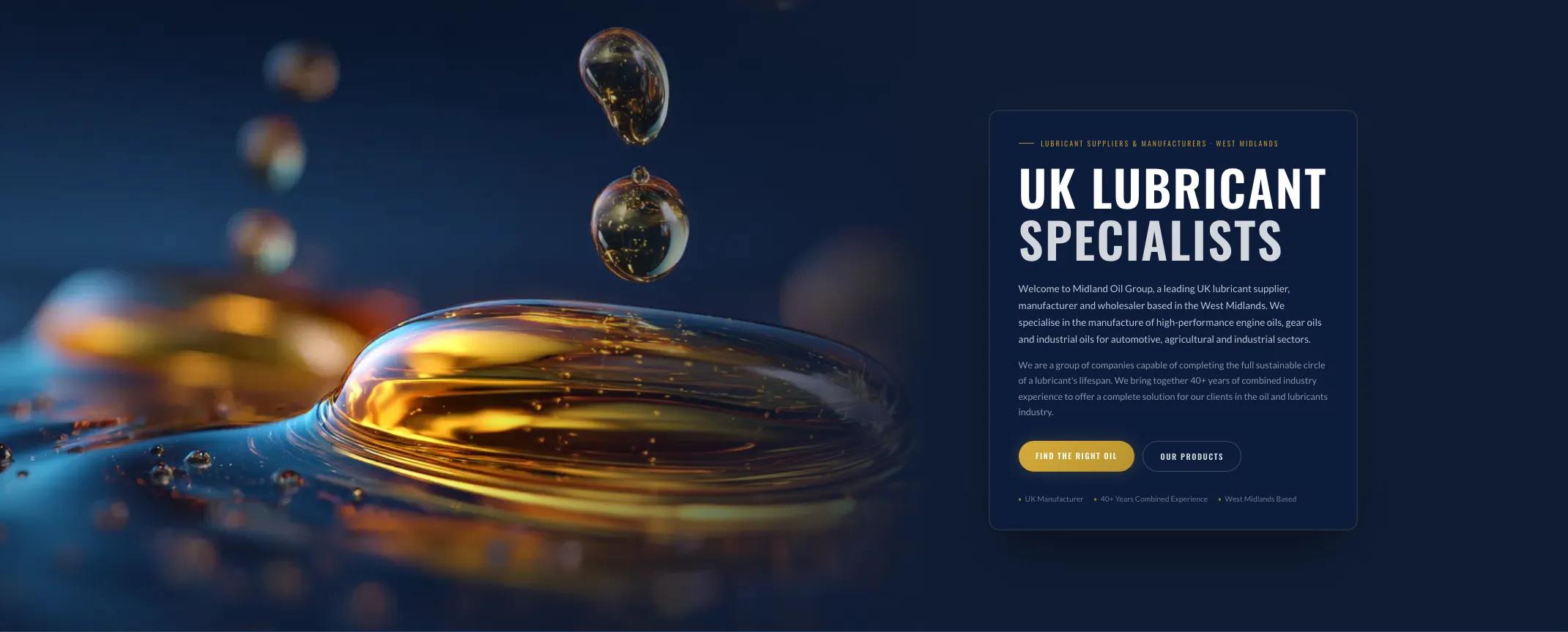 New homepage hero with UK Lubricant Specialists headline and oil droplet imagery