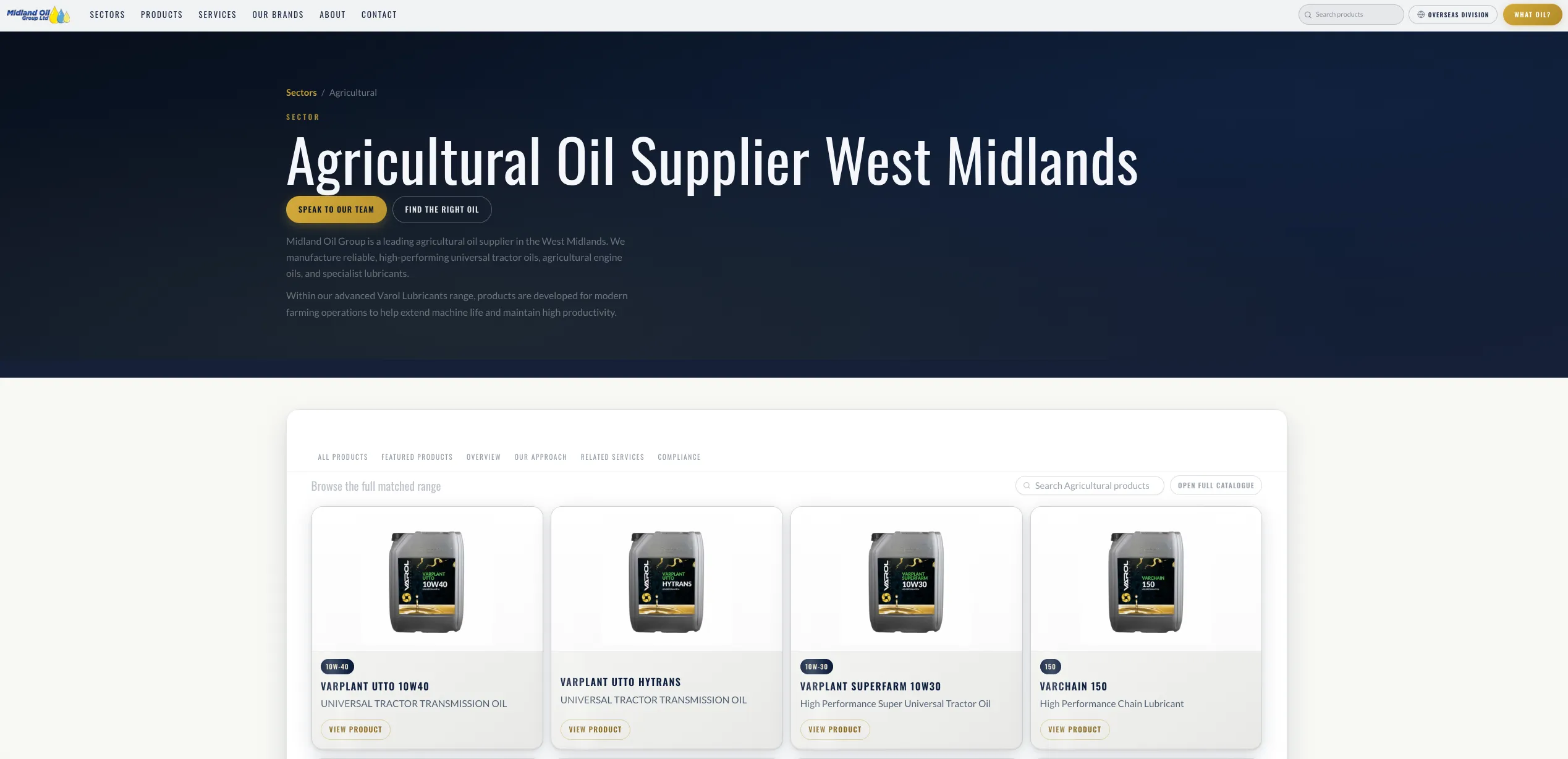 Agricultural sector page showing sector-first navigation with filtered product grid