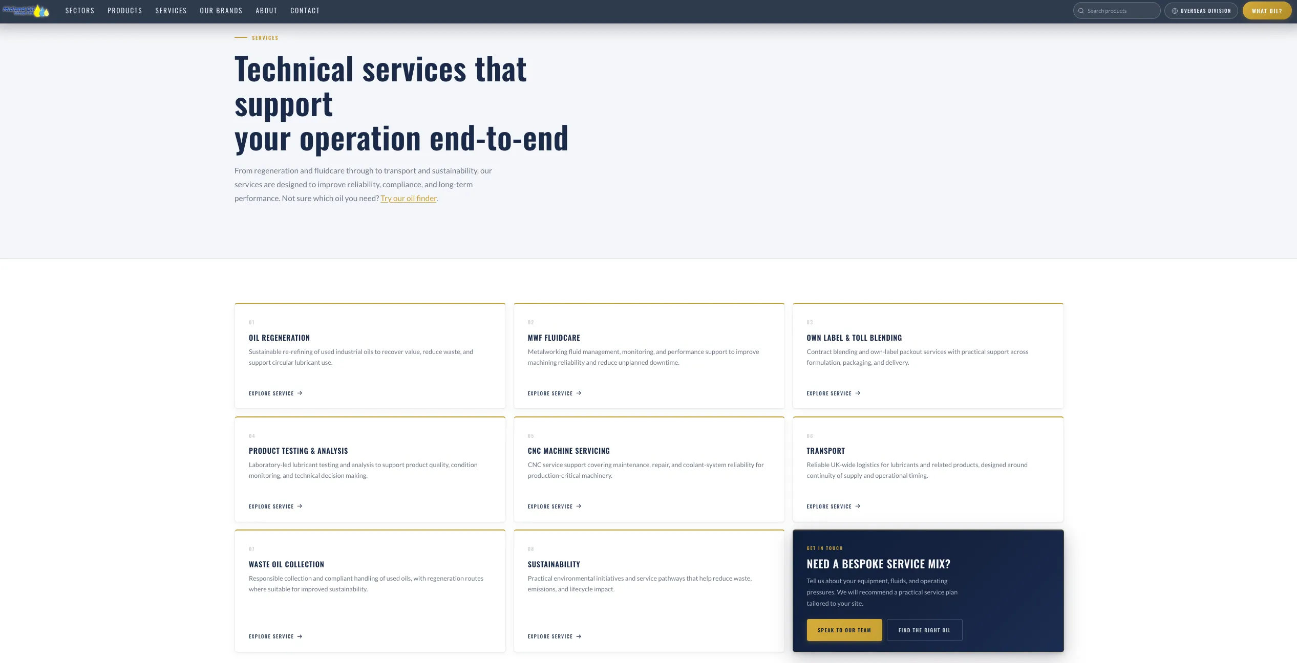 Services hub page showing all eight technical services in a clean grid layout