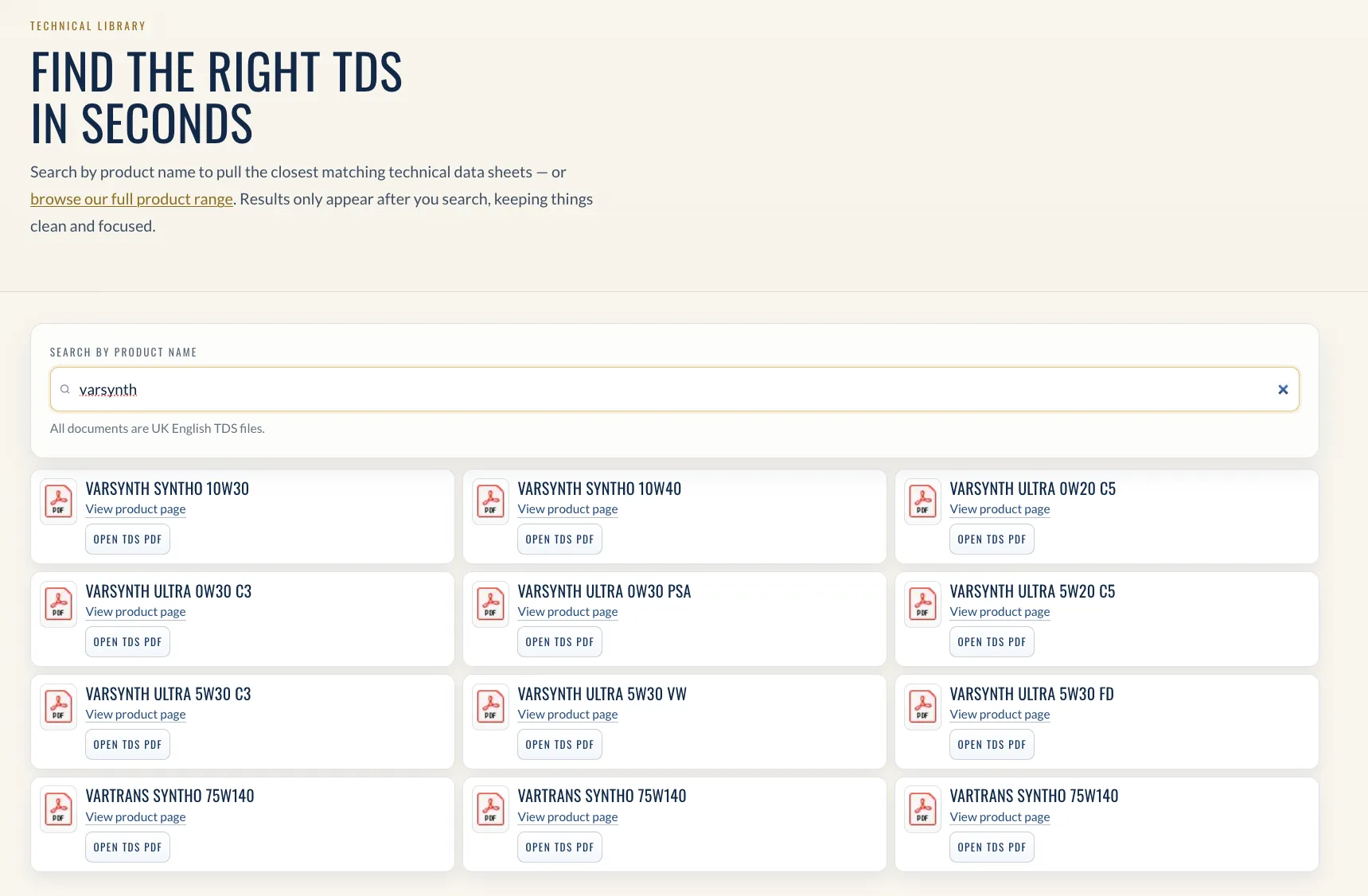 Searchable Technical Library with TDS documents filtered by product name